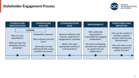 Stakeholder engagement process: identification, analysis, mapping, communication plan, monitoring